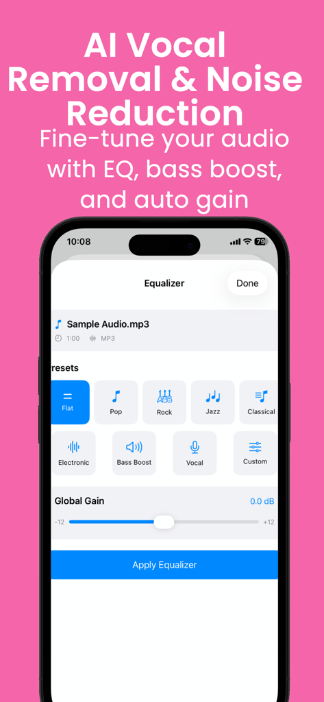MP3 Converter-Ringtone Maker - Mobile app interface showing audio equalizer presets and global gain adjustment controls for fine-tuning sound