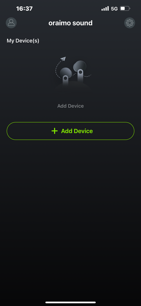 Initial add device screen of the oraimo sound app showing a button to connect new earbuds