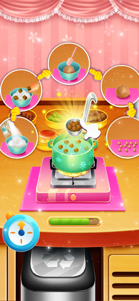 Colorful Bubble Tea Shop - A colorful game interface showing the step-by-step process of preparing and cooking boba pearls.