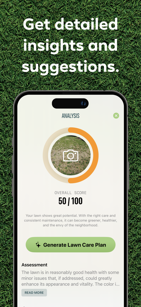 Lawn AI: Yard And Grass Care - Pantalla del smartphone que muestra la página de análisis de la aplicación Lawn AI con una puntuación general de salud del césped de 50 sobre 100 y un botón para generar un plan de cuidado personalizado.