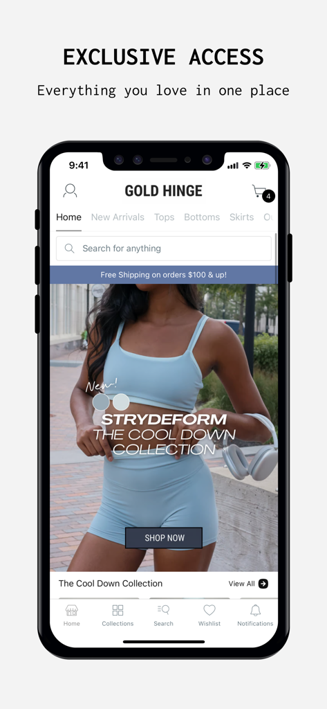Gold Hinge - Pantalla de inicio de la app de boutique Gold Hinge con la colección de ropa deportiva Strydeform Cool Down