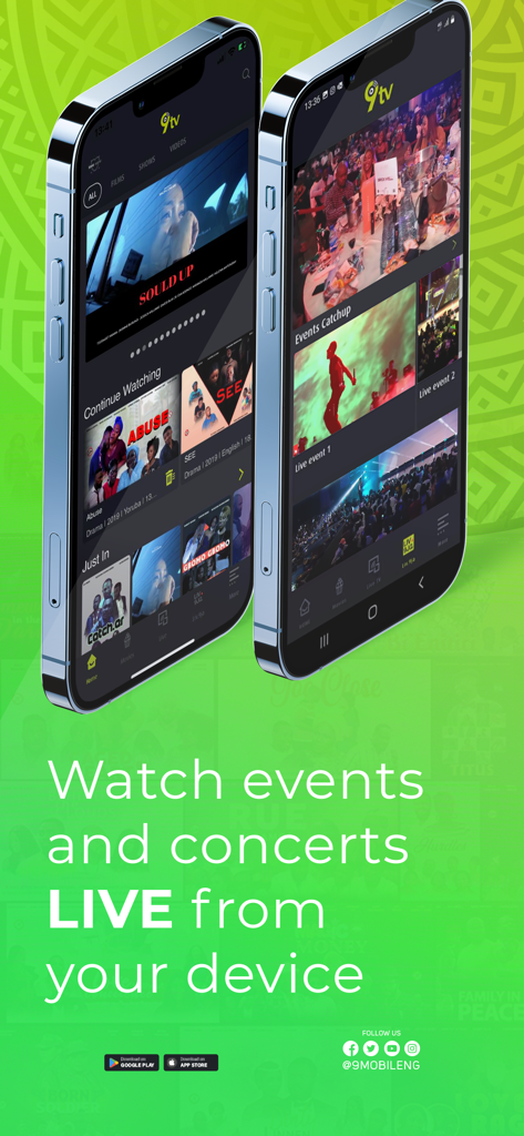 9TV - Deux smartphones montrant l'interface de l'application 9TV avec des événements en direct, des concerts et des films nigérians