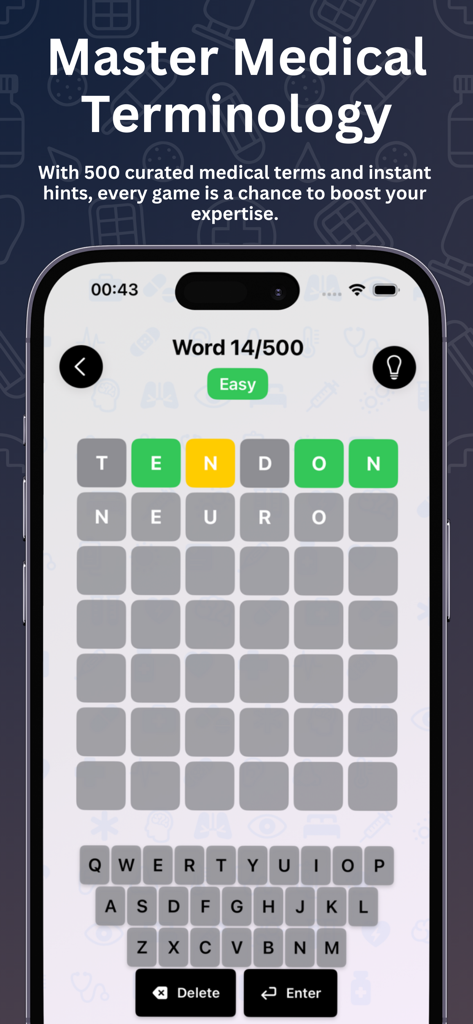 Medical Words: Puzzle Game - Medical Words Puzzle Game interface showing a medical terminology word challenge.