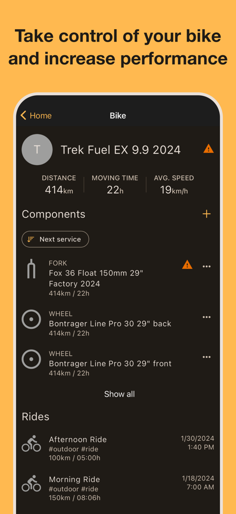 ProBikeGarage: Bicycle tracker - ProBikeGarage app interface showing maintenance tracking and component status for a Trek mountain bike