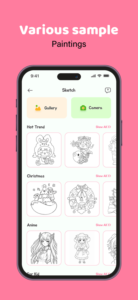 AR Drawing - Sketch Drawer - Interfaz de la aplicación AR Drawing que muestra una biblioteca de plantillas de bocetos que incluyen temas de anime y festivos