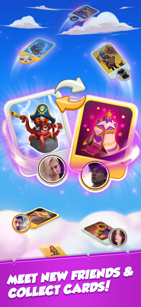 Royal Spin - Coin Frenzy - Dois jogadores trocando cartas de personagens temáticas no jogo mobile Royal Spin.