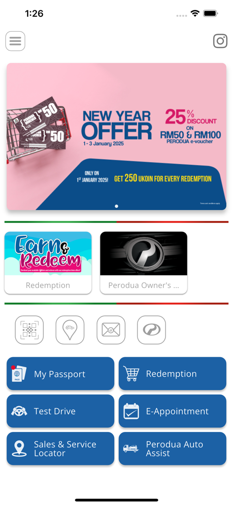 UFirst Perodua Passport - 새해 맞이 제안 배너와 다양한 자동차 서비스 옵션이 포함된 UFirst Perodua Passport 앱의 홈 화면
