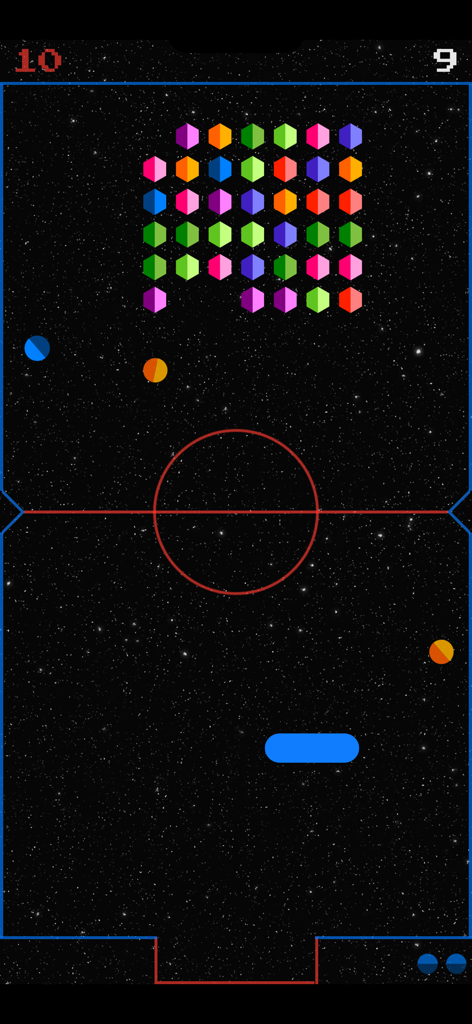 Pantalla de juego móvil Space-Bar que muestra una pala azul golpeando bolas de colores contra ladrillos hexagonales en un fondo espacial estrellado.