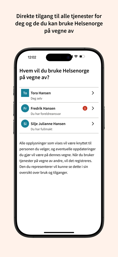 Helsenorge - Helsenorge mobile app screen showing options to manage health records for yourself, children, and people you have power of attorney for.