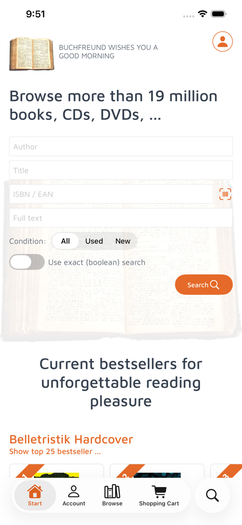 Buchfreund - Pantalla de inicio de la aplicación Buchfreund que muestra una interfaz de búsqueda de libros y medios antiguos