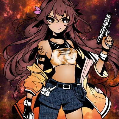 bad girl wearing crop top holding a gun long hair anime