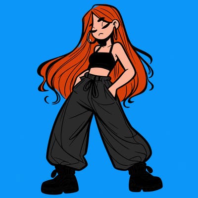 girl in baggy pants crop top and long hair