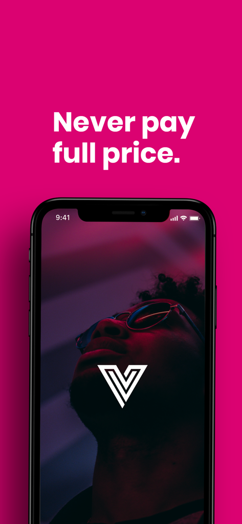 Varsity Vibe - A smartphone screen for Varsity Vibe app with the slogan Never pay full price on a pink background