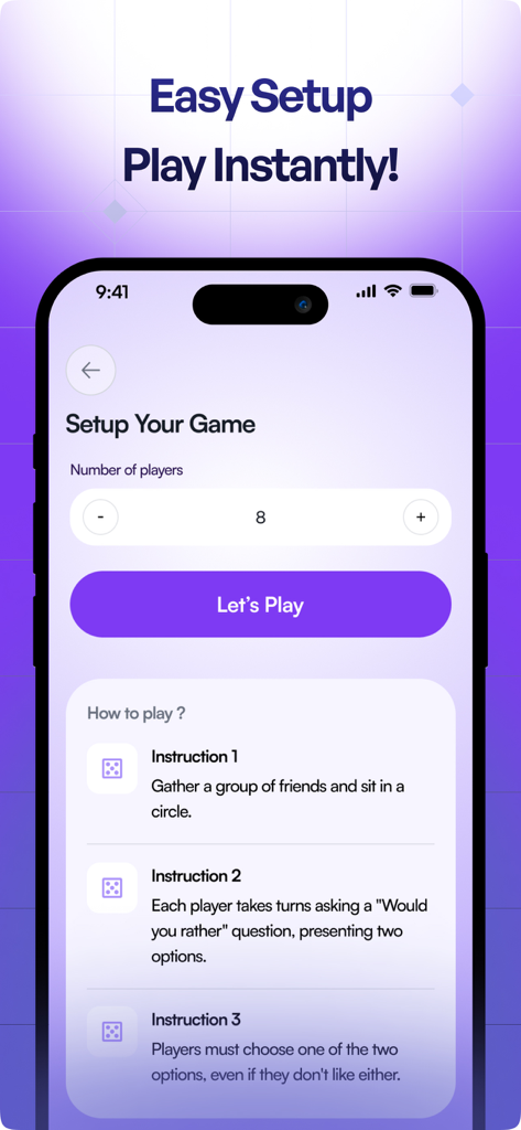 Pantalla de configuración del juego de la app Flizz que muestra el número de jugadores e instrucciones.