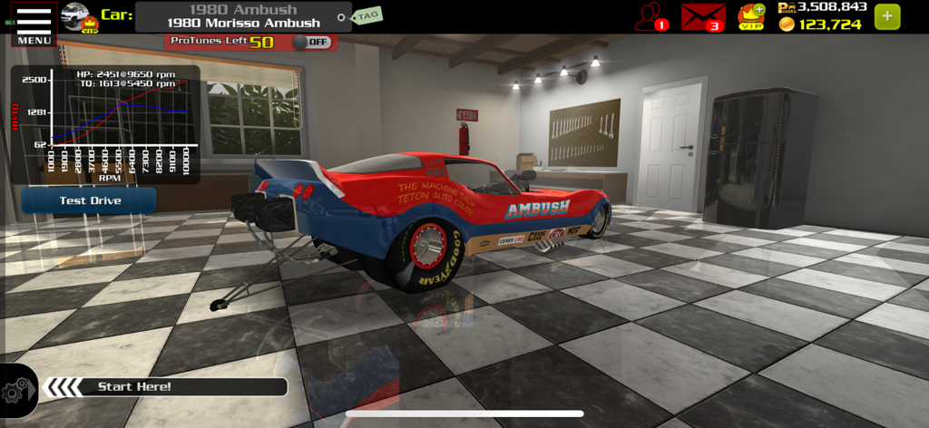 In-game garage screen of EV3 showing a red and blue 1980 Morisso Ambush drag car with a performance dyno graph display