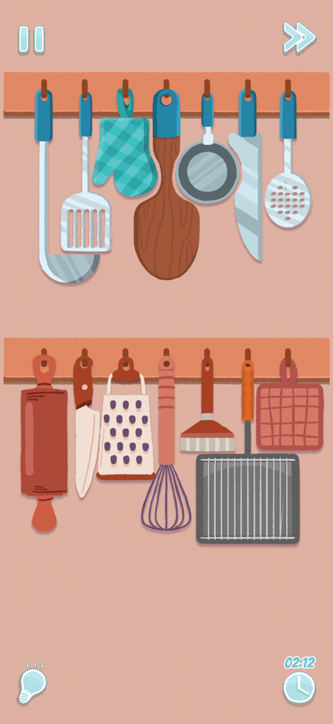 Una pantalla de juego de puzzles acogedora que muestra utensilios de cocina como espátulas, batidores y ralladores organizados ordenadamente en estantes colgantes.