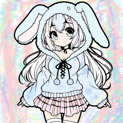 pretty anime girl wearing a fluffy hoodie with bunny ears on the hood and a skirt