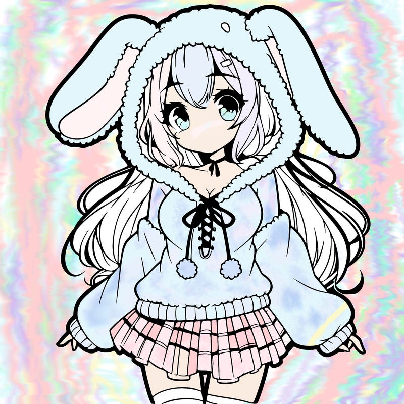 pretty anime girl wearing a fluffy hoodie with bunny ears on the hood and a skirt
