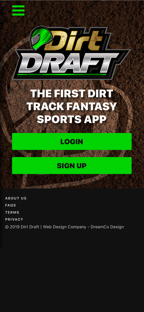 Dirt Draft - Dirt Draft app home screen showing the logo and login and sign up buttons over a dirt background.