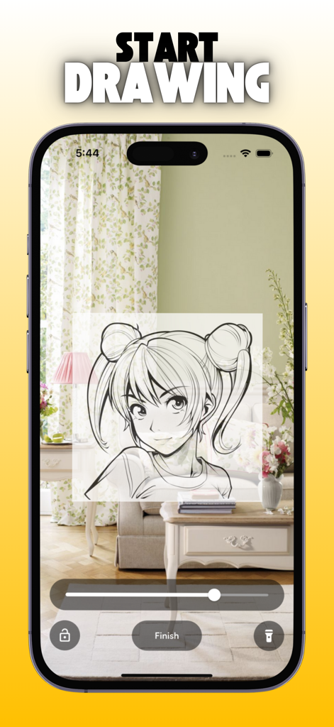 AR Drawing: Sketch & Trace Art - Écran de l'application de dessin RA montrant une superposition de croquis de fille d'anime sur la vue caméra d'une pièce pour le traçage