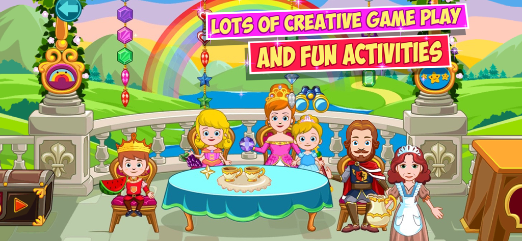 Família real em desenho animado e uma empregada reunidos em volta de uma mesa na varanda do castelo com um arco-íris ao fundo