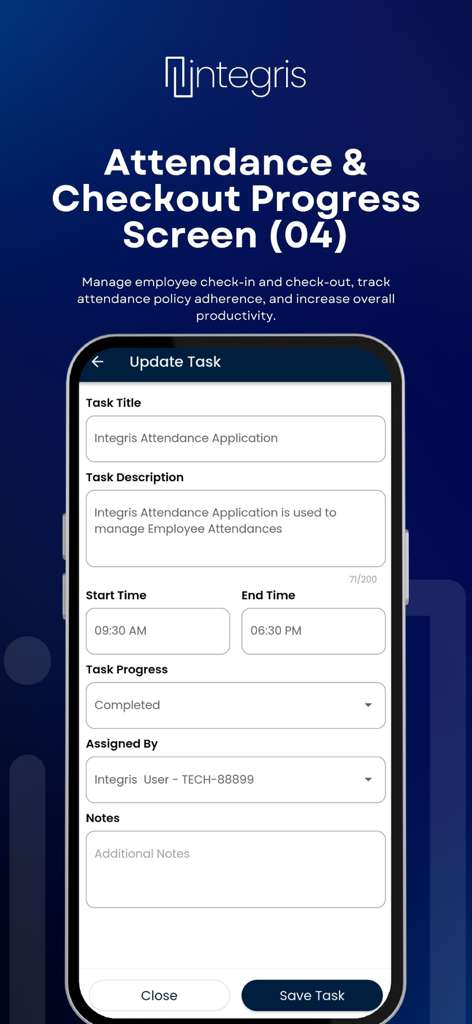Integris: Attendance App - Tela de atualização de tarefas do aplicativo Integris de frequência mostrando detalhes de tarefas e rastreamento de progresso.