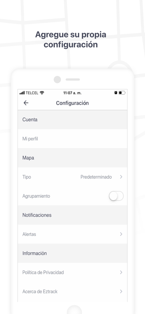 Eztrack - Das Einstellungsmenü der Eztrack GPS-Tracking-Mobil-App auf Spanisch