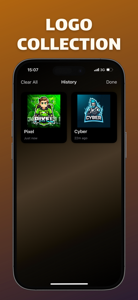 Mobile app screen showing a history of saved esports logos including pixel and cyber styles