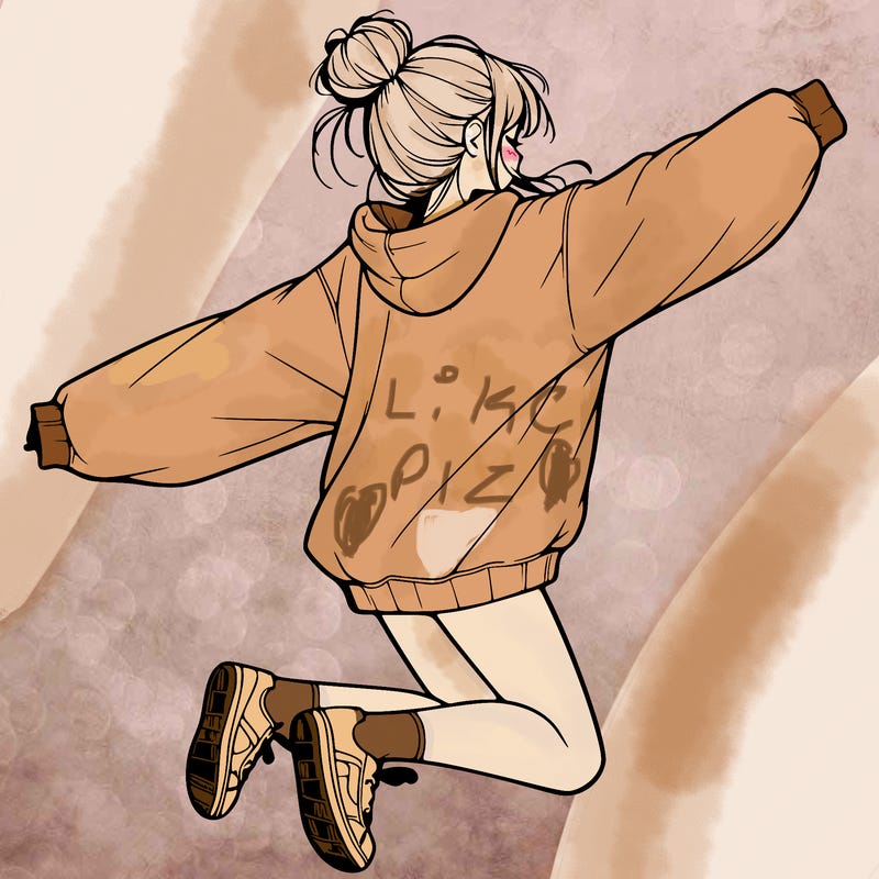 realistic girl jumping with a bun and oversized sweatshirt