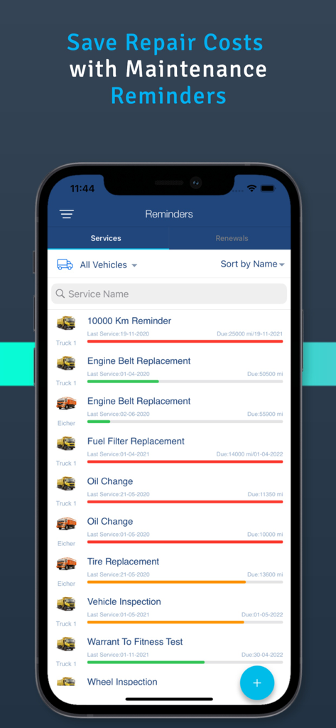 Interfaccia dell'app Simply Fleet che mostra un elenco di promemoria per la manutenzione dei veicoli e barre di stato del servizio