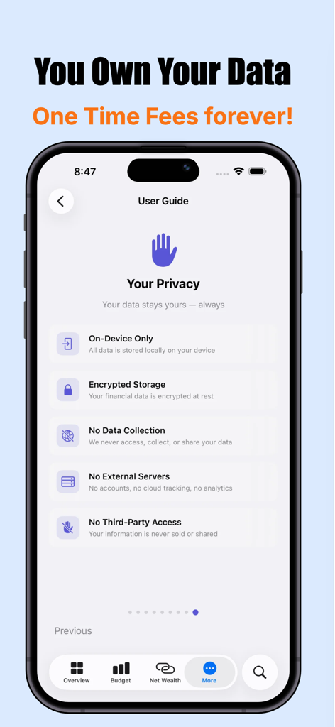 Wealth - All in One Tracker - Schermata dell'app Wealth che mostra le funzionalità di privacy, inclusi archiviazione sul dispositivo e crittografia dei dati