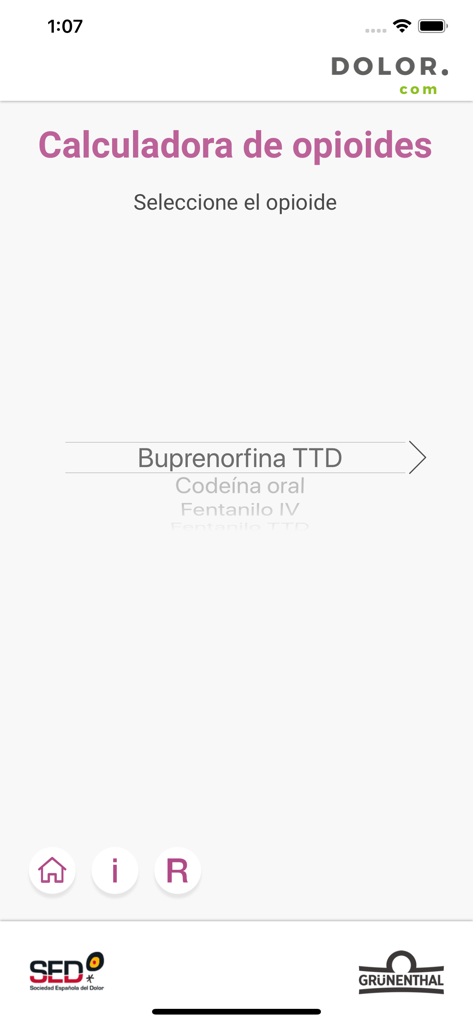 App Dolor.com - Interfaz de la calculadora de opioides en la aplicación médica App Dolor para la elección de medicamentos.