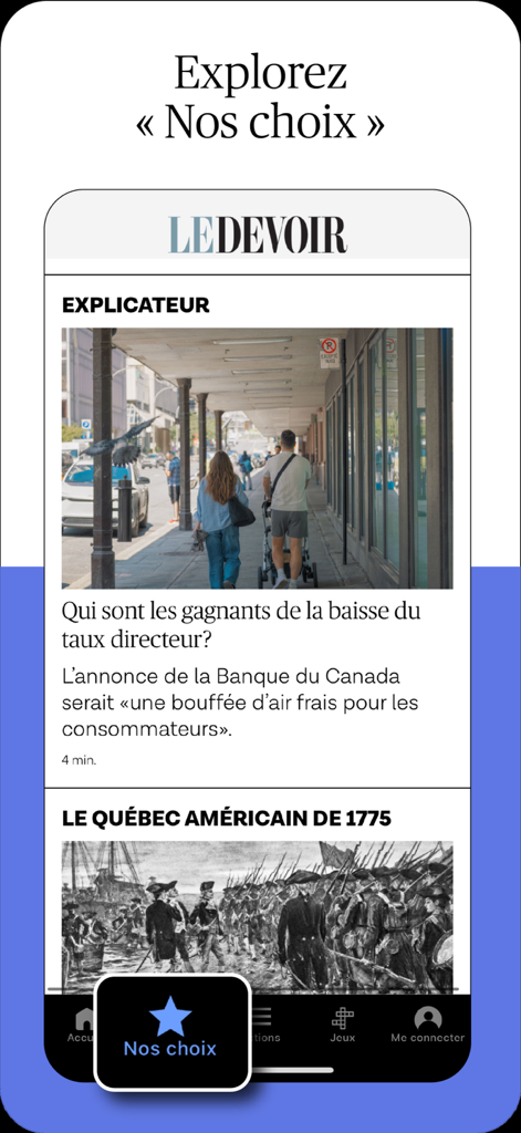 Le Devoir Mobile app interface showcasing the curated Nos choix section with editorial news articles.