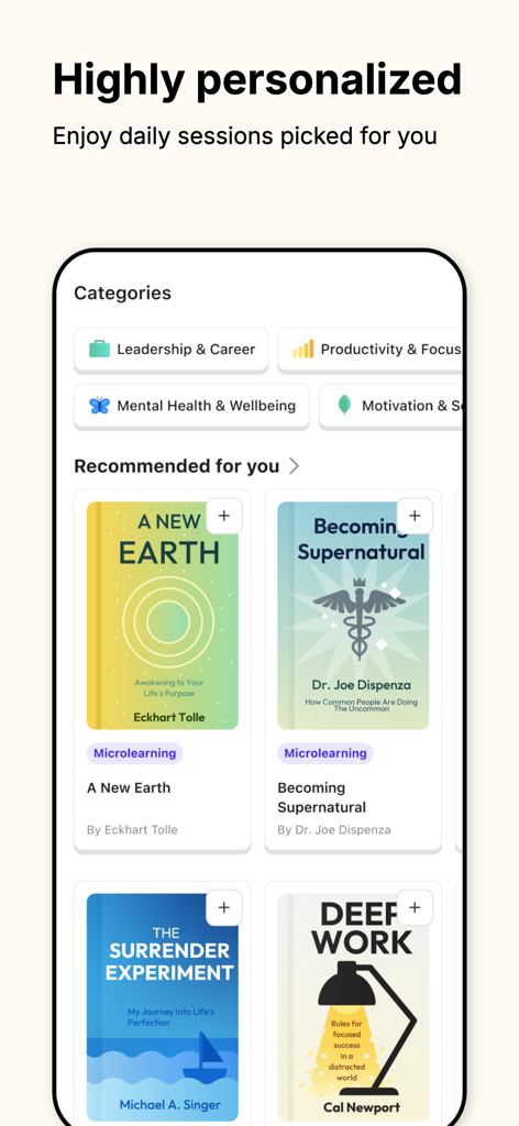 myMentalPal - Micro Learning - myMentalPal app interface showing personalized book based meditation recommendations