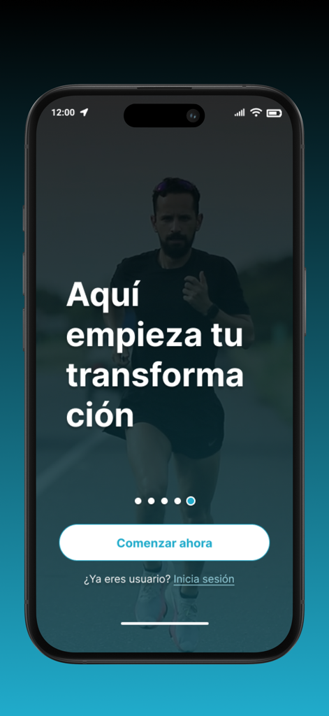 ONE running - La pantalla de bienvenida de la aplicación ONE running con un corredor masculino y texto en español indicando que tu transformación comienza aquí.