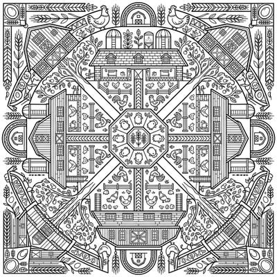 Dive into the rustic charm of farm life with this intricate Poultry Barns Mandala coloring page. This beautifully symmetrical design showcases detailed barns, happy chickens, and farm elements, offering a unique and engaging coloring experience.