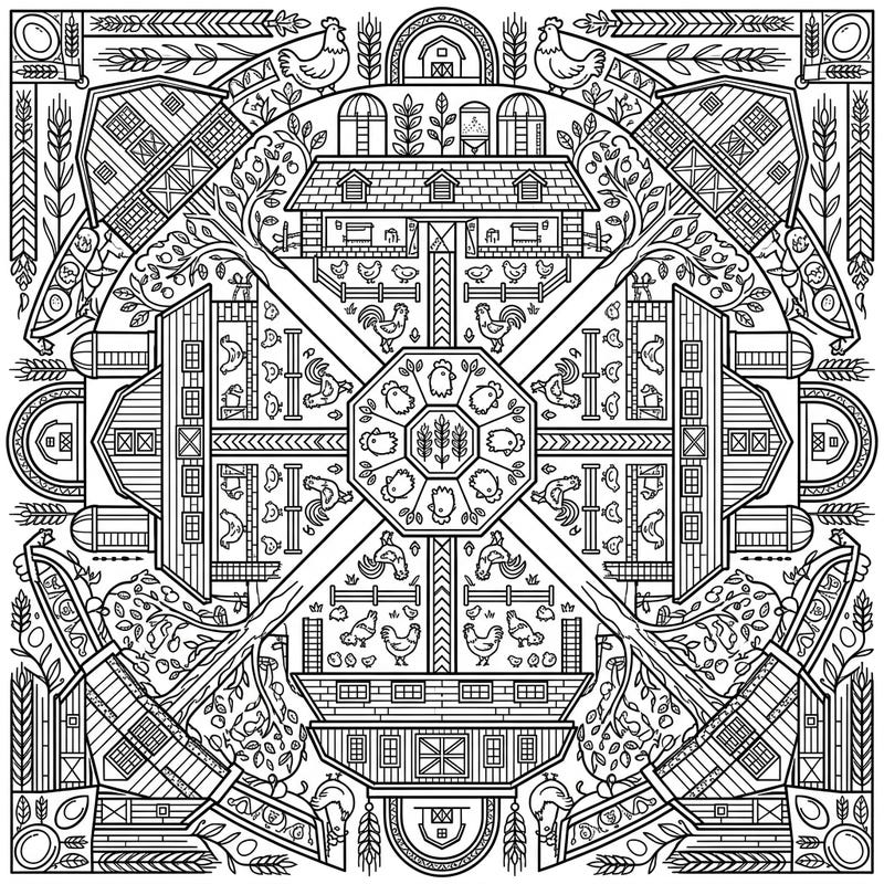 Dive into the rustic charm of farm life with this intricate Poultry Barns Mandala coloring page. This beautifully symmetrical design showcases detailed barns, happy chickens, and farm elements, offering a unique and engaging coloring experience.