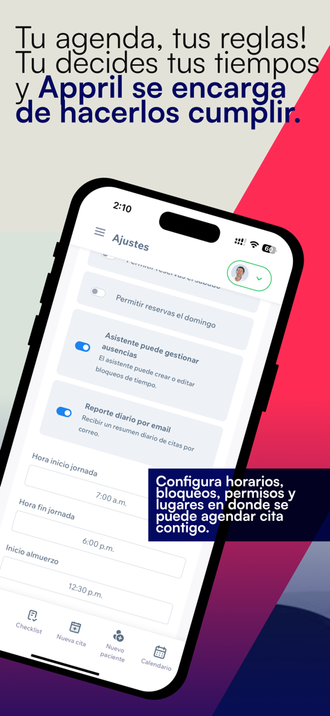 Appril-Agenda de profesionales - Uma tela de smartphone exibindo o menu de configurações do aplicativo Appril para gerenciamento de agenda profissional e configuração de horários