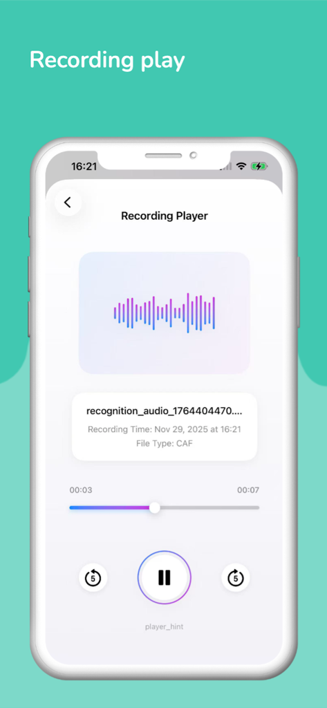 SongDetect - Music Recognition - Tela do aplicativo SongDetect mostrando o reprodutor de gravação com uma forma de onda visual e controles de reprodução de áudio.