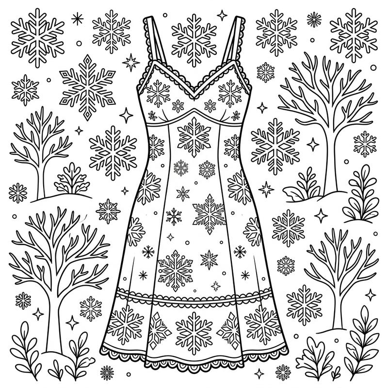 Get ready for a magical winter coloring adventure with this charming slip dress, perfect for young artists. Adorned with beautiful snowflakes and surrounded by a festive winter wonderland, it's an enchanting scene to color.