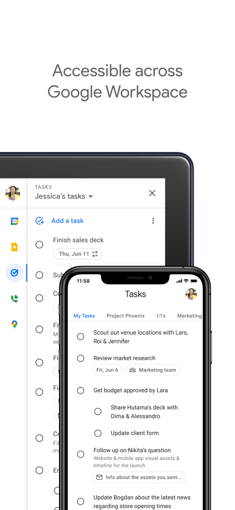 Google Tasks interface displayed on both a smartphone and a desktop showing task list synchronization