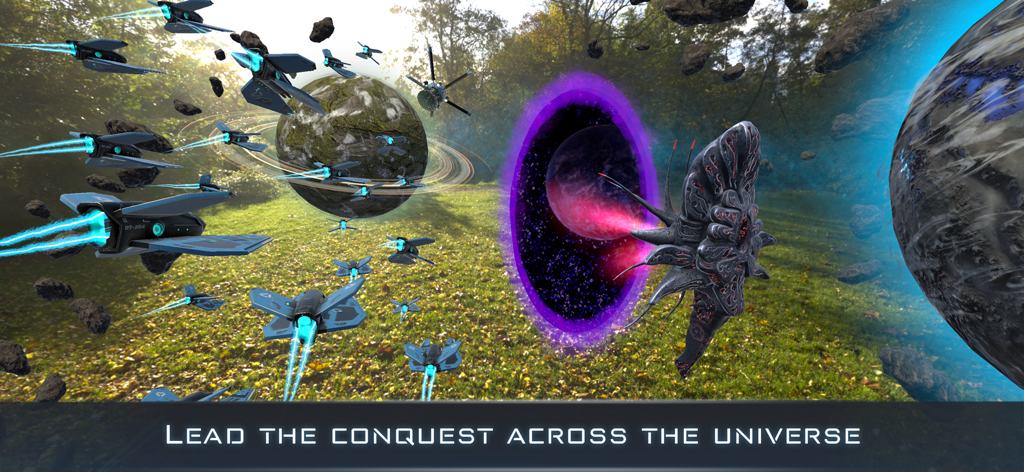A fleet of spaceships and a portal in an AR space strategy game