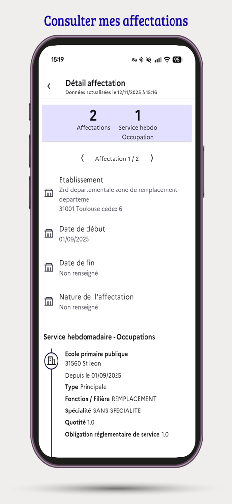 Mon portail RH - Écran mobile de l'application Mon portail RH affichant des informations détaillées sur une affectation professionnelle au sein du Ministère de l'Éducation Nationale français.