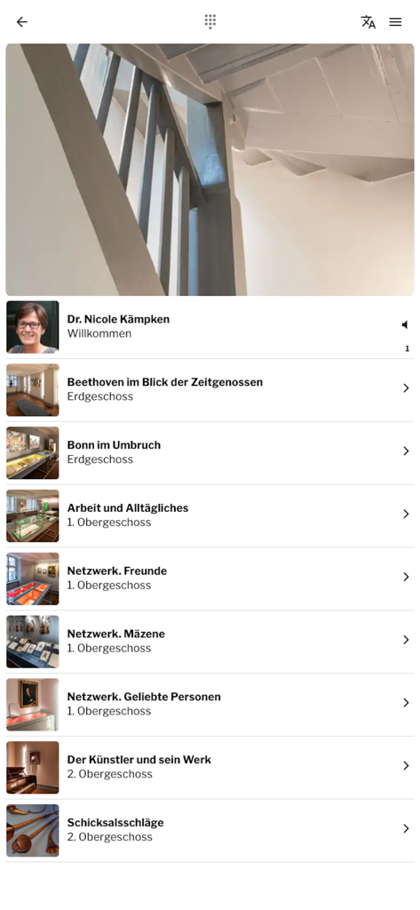Beethoven-Haus Bonn Guide - A list of museum exhibition chapters in the Beethoven-Haus Bonn Guide app showing various floors and gallery topics.