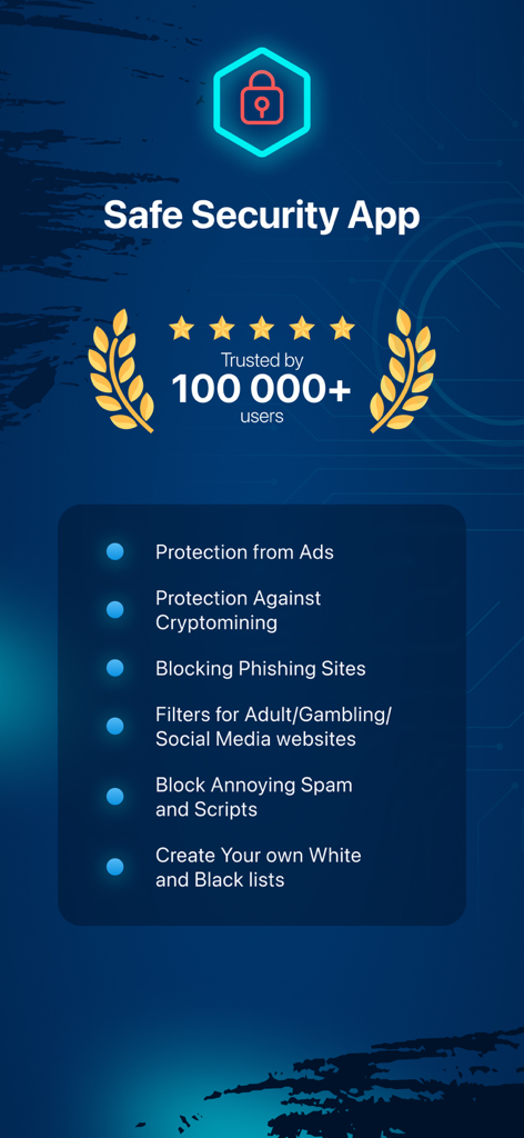 Safe Security App - Interface do App Safe Security mostrando recursos como bloqueio de anúncios, proteção contra phishing e filtragem de sites