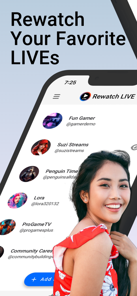 App interface of Rewatch LIVE showing a list of streamers and the headline Rewatch Your Favorite LIVEs
