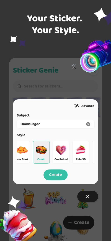 StickerGenie: AI Sticker Maker - Interfaz de StickerGenie para crear un sticker de hamburguesa personalizado con diferentes estilos artísticos