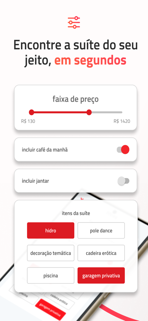 App screen showing search filters for motel suites including price range and amenities