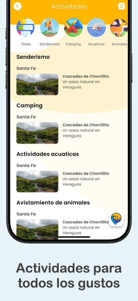 Locali - Locali app screen showing various outdoor activity categories like hiking and camping in Panama
