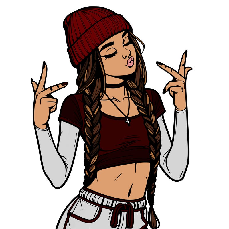realistic teenage girl with braids and a beanie and crop top doing 🫶🏼